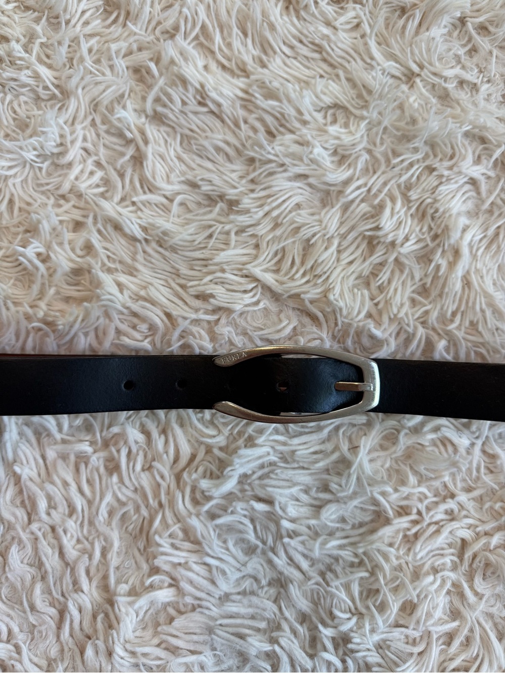 Furla Black Leather 1” Belt Silver Logo Buckle Women’s Size S Made in Italy